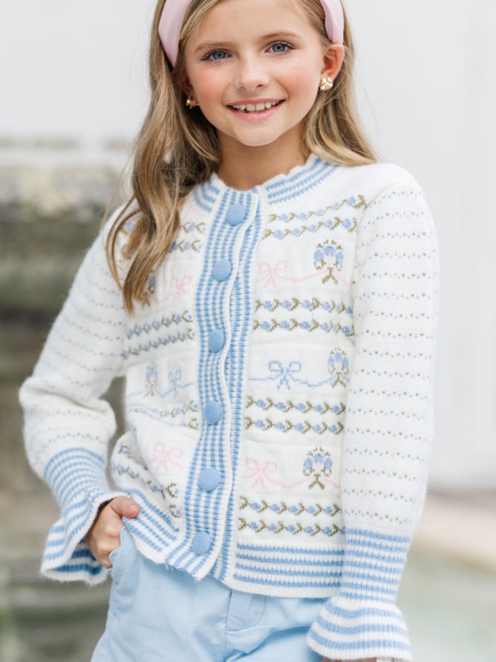 For Love Bell Light Blue & White Bow Cardigan. Size Small.